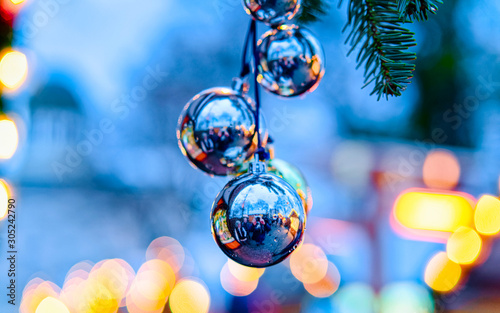 Photography Glass Balls Christmas Tree Decorations on Christmas Market at Gendarmenmarkt in Winter Berlin, Germany