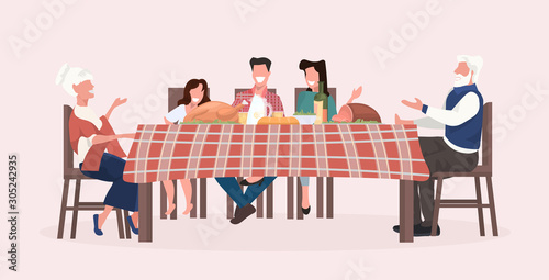multi generation family sitting at table having christmas dinner grandparents parents and children discussing during meeting holidays celebration concept full length horizontal vector illustration