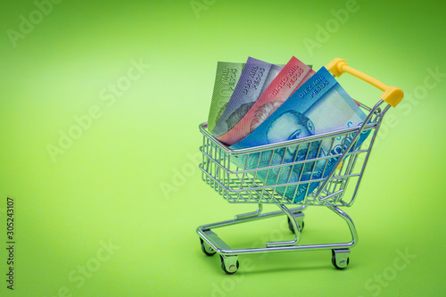 Mini shopping trolley with Chilean money. The concept of shopping and the power of the economy. Place for text