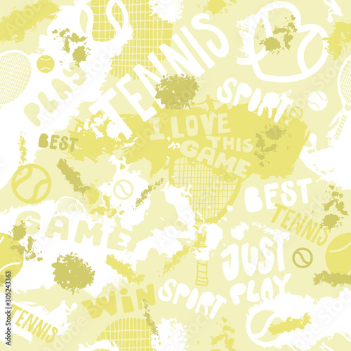 Seamless grunge pattern for tennis. Short phrases, hand written text. Sketch background for sports designs, banners, covers, posters, packaging, textiles. Tennis racket, ball, lettering.
