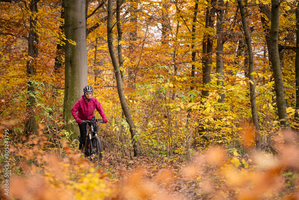 Obraz premium nice senior woman riding her mountainbike on the autumnal forest trails near Stuttgart, beautiful warm colors