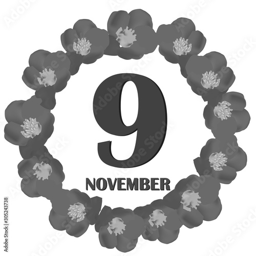 November 9 icon. For planning important day. Banner for holidays and special days. Illustration in black and white colors.