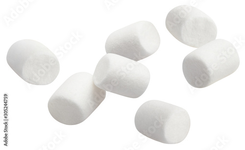 Flying marshmallows, isolated on white background photo
