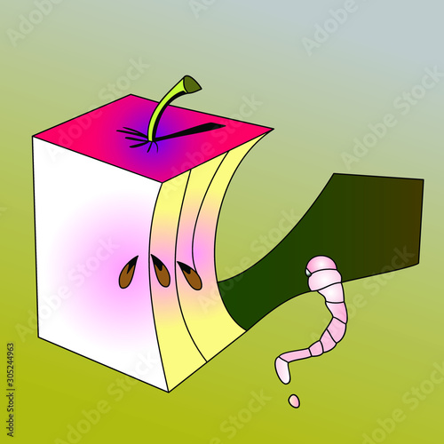 abstract square apple and worm on gray-green background