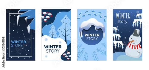 Set of abstract winter backgrounds for social media stories. Colorful winter banners with snowy scenes. Best for banner, flyer, invitation, discount voucher, ad. Vector eps 10
