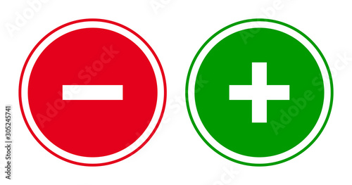 Set of round minus and plus sign icons, buttons. Flat negative and positive symbols on white background. photo