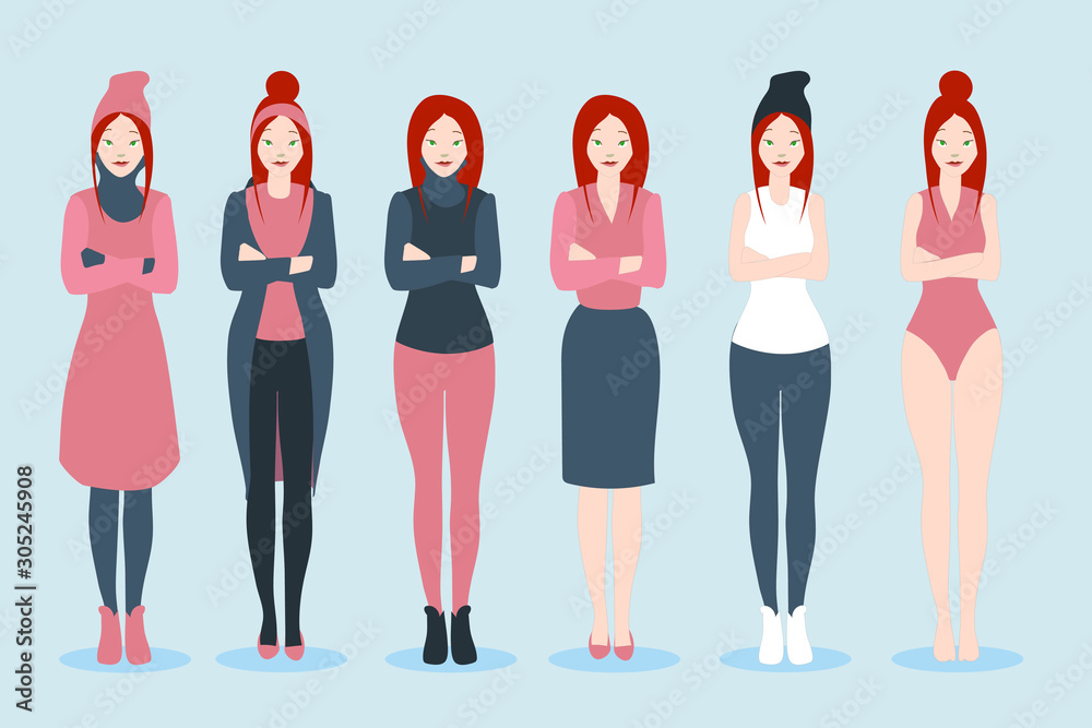 Fototapeta premium Young white girl with different outfits placed on blue background. Seasons: winter, spring ,summer, autumn. Colors: blue, gray, white, black, red. Flat design.- Vektorgrafik