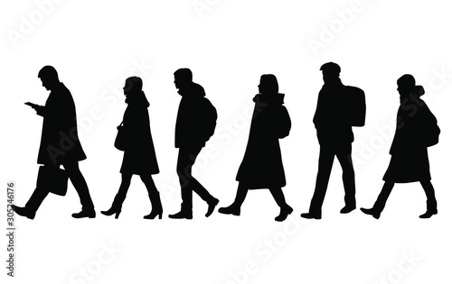 Vector silhouettes of  men and a women, a group of standing and walking business people, black color isolated on white background