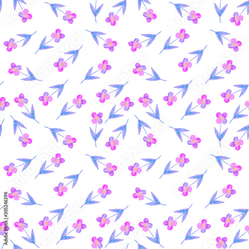 Children's drawing style, flowers seamless pattern. Colorful summer or spring flowers background. Color design.