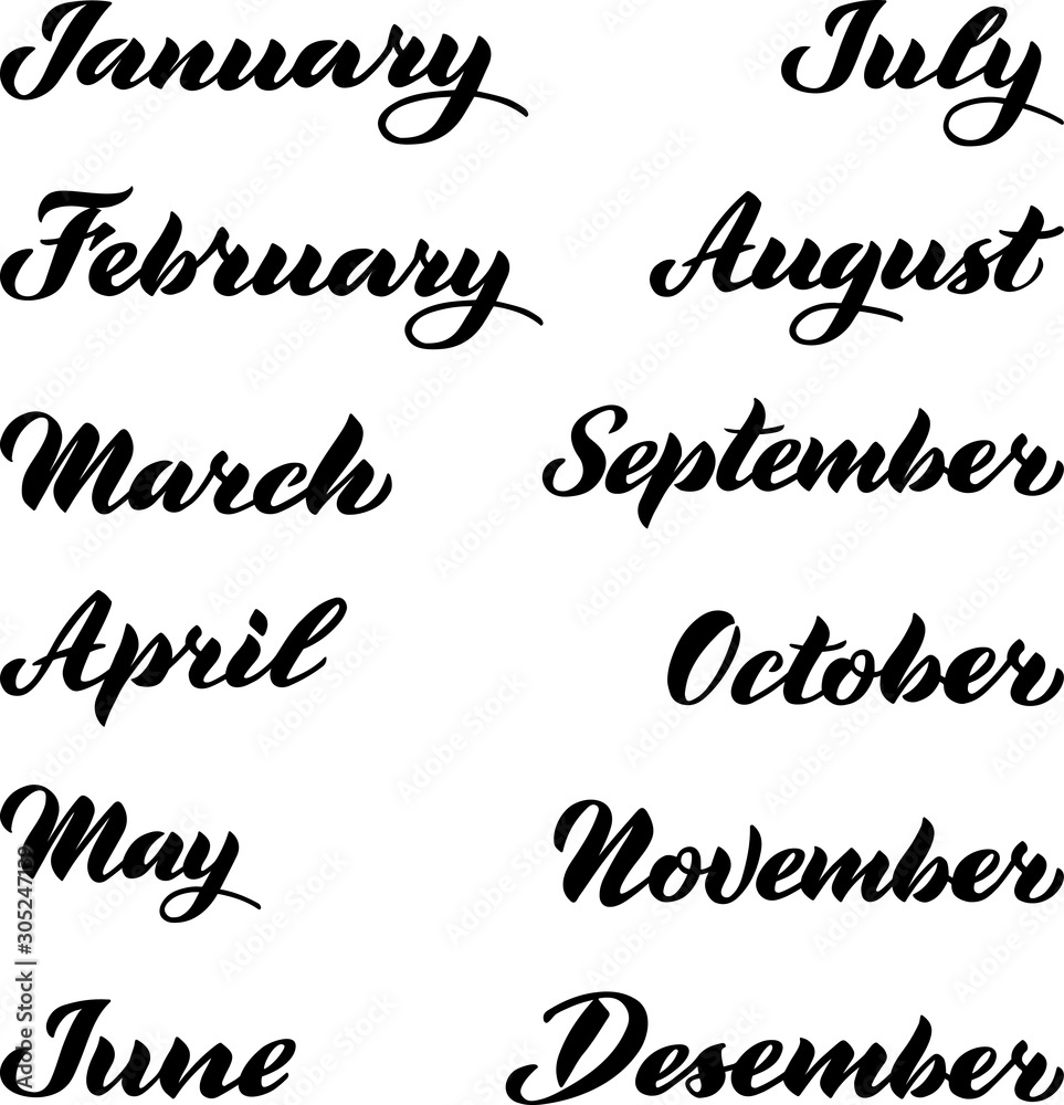 Vector set of hand drawn lettering with names of months: December, January, February, March, April, May, June, July, August September October November. Vector set of hand drawn lettering with names of months: December, January, February, March, April, May, June, July, August September October November.
