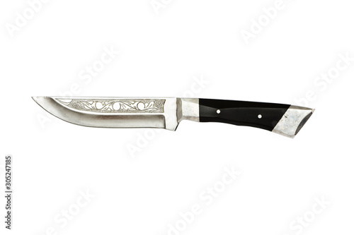 Hunting dagger knife with decorative shell isolated on a white background. Vintage dagger on white background. Dagger mockup on white.Curved ceremonial dagger knife with a decorative.