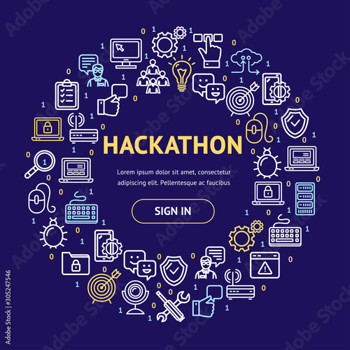 Hackathon Signs Round Design Template Thin Line Icon Concept. Vector