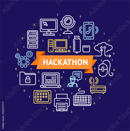 Hackathon Signs Round Design Template Thin Line Icon Concept. Vector