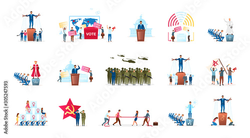 Political system metaphor flat vector illustration set. Different forms of governments. Head of state. Radical ideologies. Election process. Monarchy and republic. Politicians cartoon characters photo