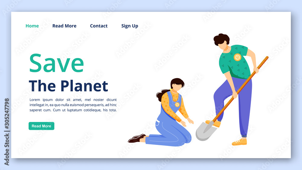 Save planet landing page vector template. Volunteer organization website interface idea with flat illustrations. Environment care homepage layout. Nature protection web banner, webpage cartoon concept