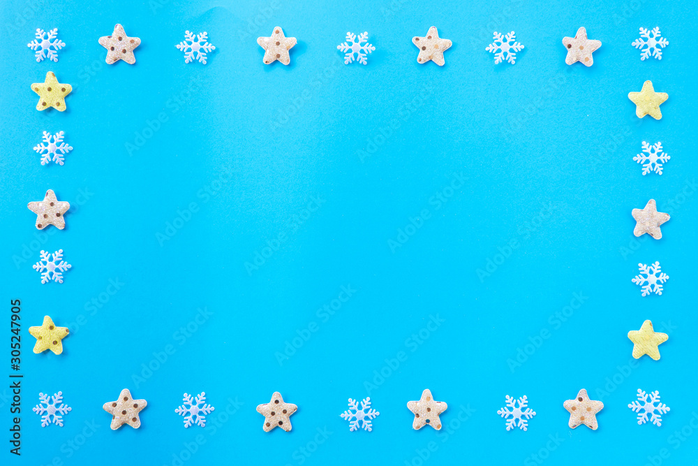 Christmas background concept.Top view christmas decoration with snowflake and star on blue background with copy space for text.