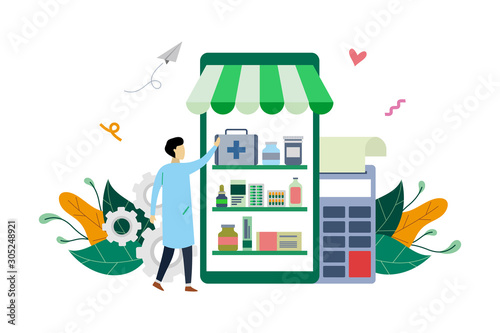 Modern online Pharmacy or drugstore concept, medical medicine vector flat illustration template, suitable for background landing page, advertising illustration