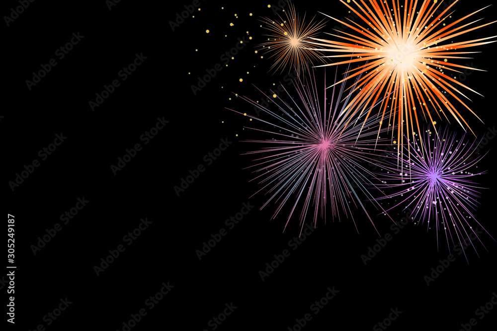 abstract show group of exploding fireworks bright light vibrant colorful and falling fire glitter confetti on black background for happy new year,diwali,labor's day ,independence's day concept	