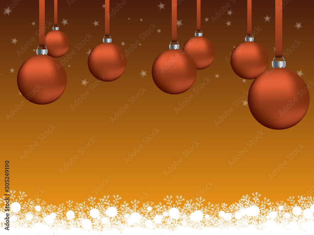 Arrière-plan orange sur le thème des fêtes de fin d'année avec décorations de Noël et flocons de neige
