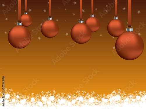 Arrière-plan orange sur le thème des fêtes de fin d'année avec décorations de Noël et flocons de neige