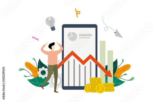 Business profit loss, financial crisis, profit decrease, economic or market fall, marketing income down arrow stock graph concept vector flat illustration template
