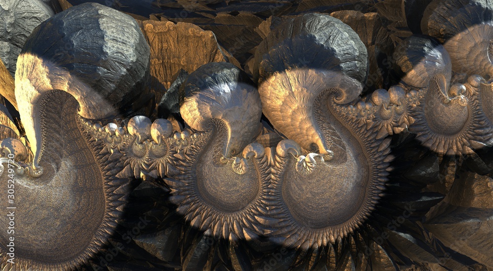 Computer generated 3D fractal.Stone mushrooms with a metallic sheen. Computer generated 3D fractal.Stone mushrooms with a metallic sheen.