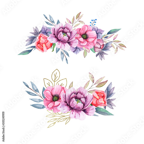 Watercolor Flowers Bouquets and Composition