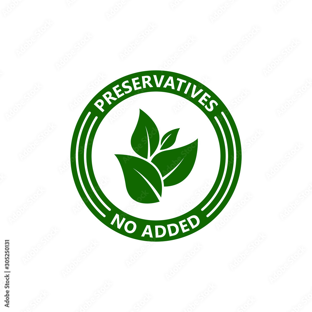 Preservatives no added green organic leaf icon. Natural organic food stamp. Vector illustration Preservatives no added green organic leaf icon. Natural organic food stamp. Vector illustration