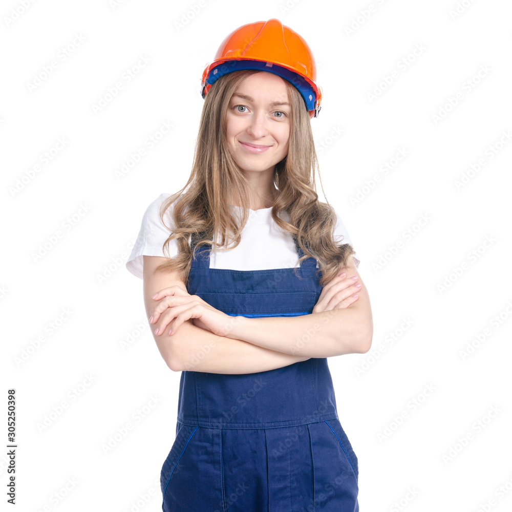 Woman builder with work helmet on white background isolation Woman builder with work helmet on white background isolation