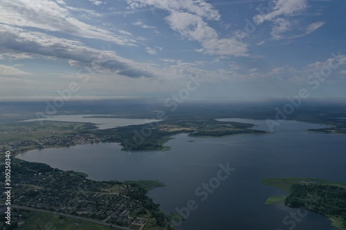 Photo of a lake on top helicopter blue