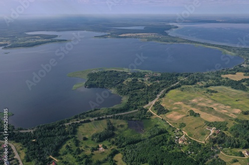 Photo of a lake on top helicopter blue