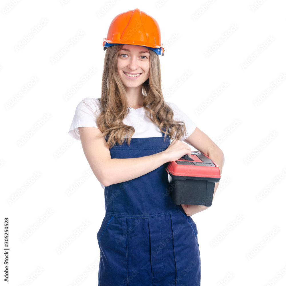 Woman builder with work helmet holding building level, tool box on white background isolation Woman builder with work helmet holding building level, tool box on white background isolation