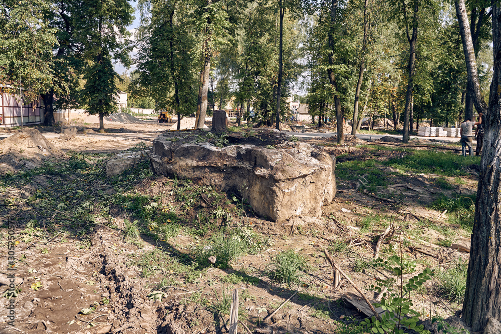 the remains of the old foundation of the destroyed building.