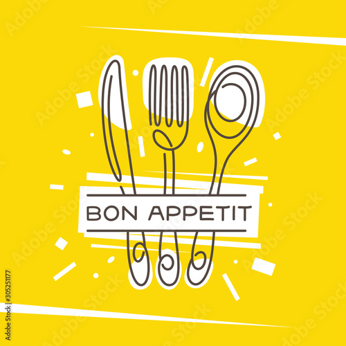 Bon Appetit kitchen monoline style poster. Vector illustration.