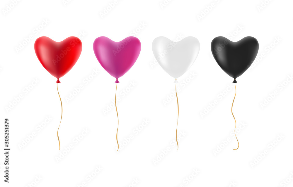 Set of realistic heart shape balloons. Vector illustration.
