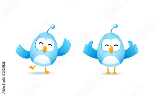 Set of cute bird robot character in happy and show thumb up pose