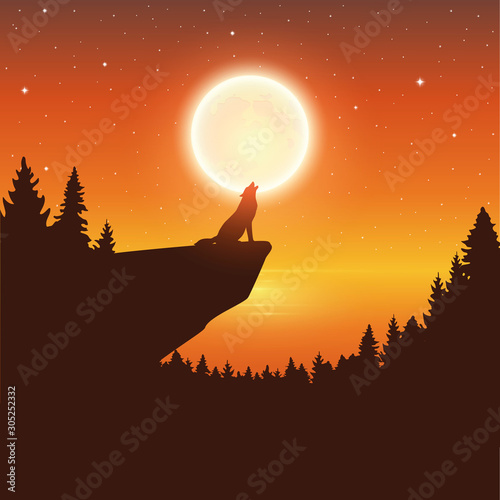 wolf howls to the full moon in a starry night by lake vector illustration EPS10