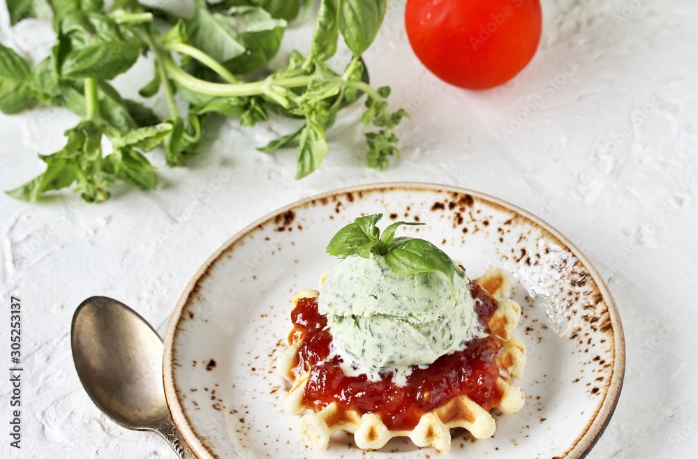 tomato jam with basil ice cream on waffle gourmet food. restaurant serve. unusual dessert gourmet