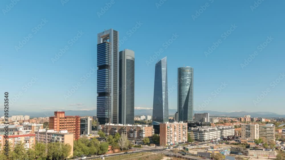 Madrid Spain time lapse 4K, city skyline timelapse at financial district four towers Madrid Spain time lapse 4K, city skyline timelapse at financial district four towers
