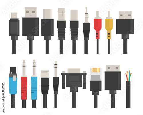 Cable wire set vector isolated. USB for computer, connection