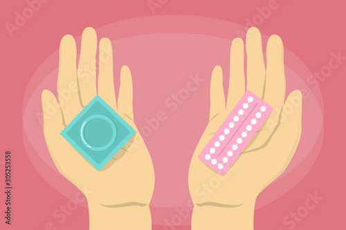 Condom and contraceptive pill in hands vector isolated.