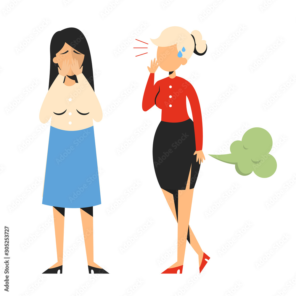 Person fart in front of the woman. Bad smell, woman in shame