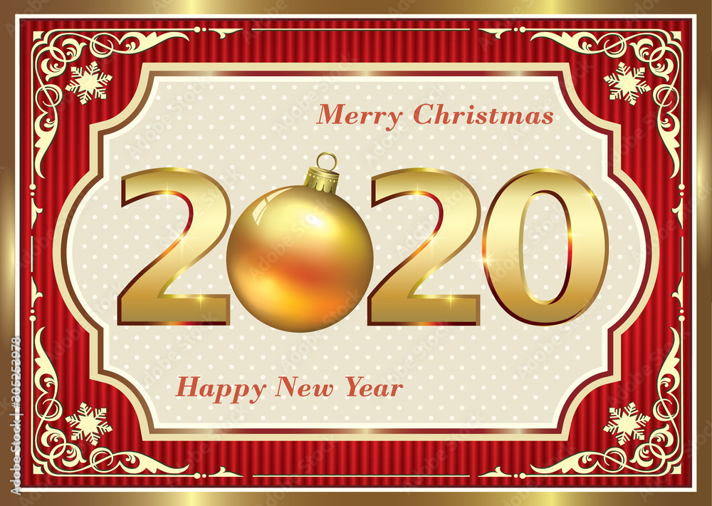 Merry Christmas and Happy New Year 2020. Holiday background, banner, card and poster in decorative frame