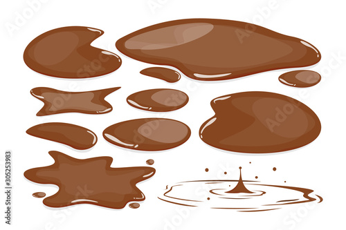 Mud puddle set vector isolated. Brown autumn natural liquid