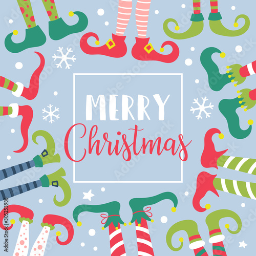 Christmas banner design with cute elf feet in socks and shoes.
