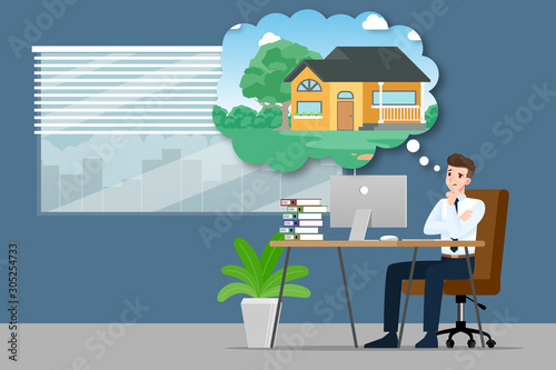 Businessman thinking or dreaming about buying a new. beautiful modern house. An employee have a goal to own a personal property and work for success. Vector illustration design.