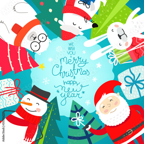 Merry Christmas and happy new year greeting card with cute characters. Vector postcard