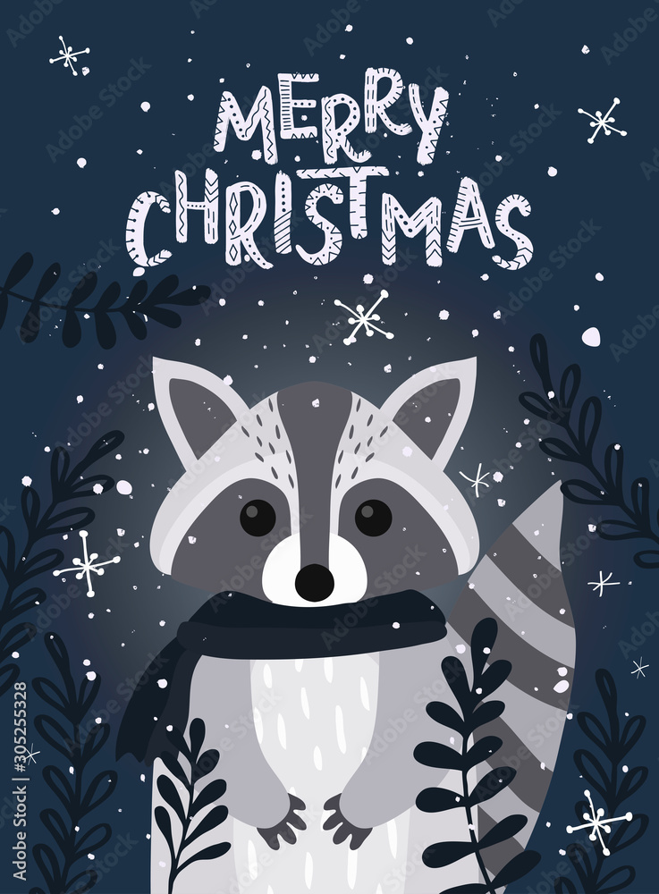 Fototapeta premium Template Christmas greeting card with a raccoon. Christmas winter vector illustration