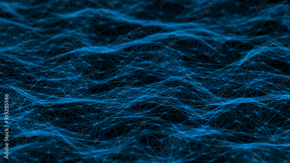 Fototapeta premium Modern background of dots connected by lines of blue colors with blurred black background