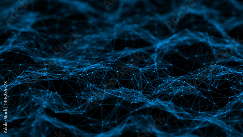 Modern background of dots connected by lines of blue colors with blurred black background